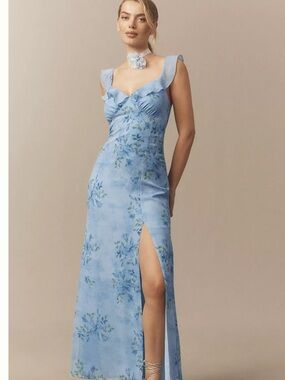 BHLDN Light Blue Floral Maxi Dress with Side Slit